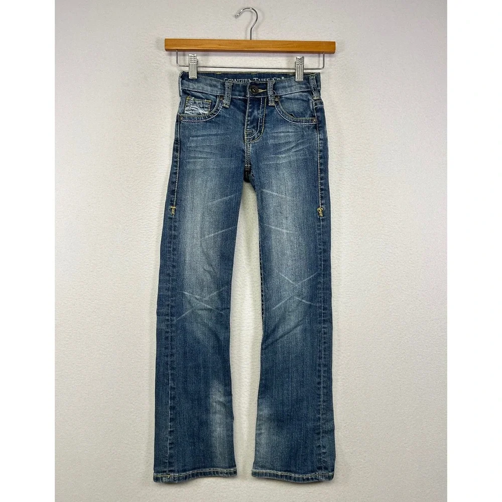 Western Cowgirl Tuff Co Kids 7 Blue Bootcut Embroidered Adjustable Waist Jeans‎